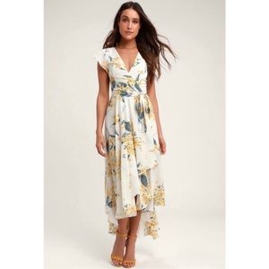 Lulu's French Countryside White and Yellow Floral Print High-Low Dress M